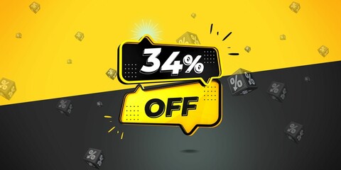 34% off limited special offer. Banner with thirty four percent discount on a black and yellow background. Illustration 3D