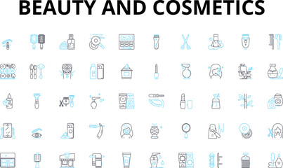 Beauty and cosmetics linear icons set. Glamour, Radiance, Elegance, Perfection, Luxury, Rejuvenation, Serenity vector symbols and line concept signs. Essence,Flawless,Lavish illustration