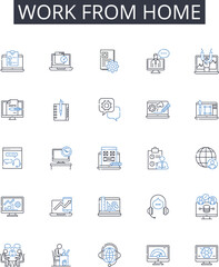 Work from home line icons collection. Remote office, Telecommute option, Distant workspace, Virtual desk, Online employment, Home-based job, Off-site work vector and linear illustration. Distance job