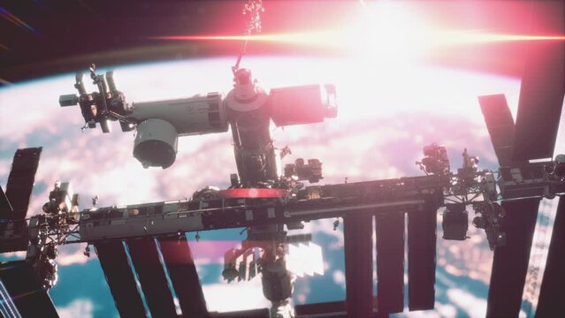 Close up ISS flying over Earth globe atmosphere