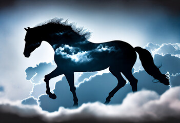 Horse silhouette in the clouds.Generating Ai