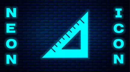 Glowing neon Triangular ruler icon isolated on brick wall background. Straightedge symbol. Geometric symbol. Vector