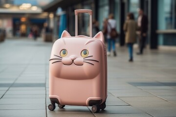 Cute happy cat shaped luggage case at airport. Vacation, holiday, summer creative concept