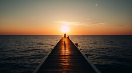 Obraz premium Rear view of a person standing on a wooden dock at a lake during sunset. Generative Ai