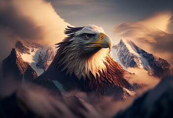 Big eagle in the clouds over the mountain range.Generating Ai