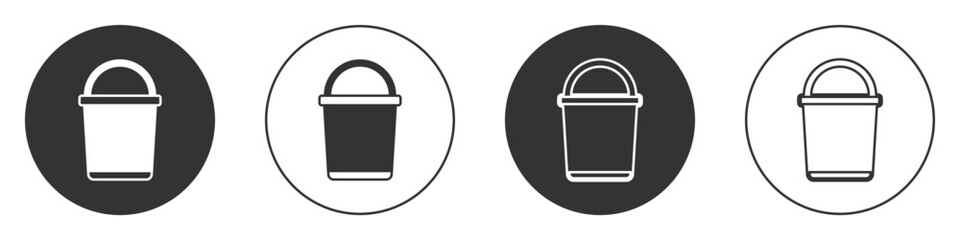 Black Bucket icon isolated on white background. Circle button. Vector