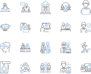 Supporter satisfaction line icons collection. Gratified, Contented, Fulfilled, Happy, Delighted, Satisfied, Pleased vector and linear illustration. Comfortable,Congruent,Loyal outline signs set