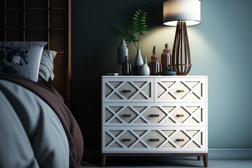 A modern bedroom with a chest of drawers made of painted wood with rattan. The concept of modern interior design featuring natural materials. Generative AI.