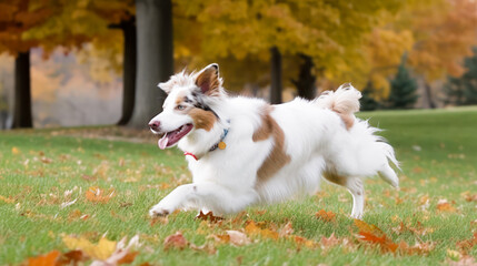 Fototapeta na wymiar Dog running on green grass - Generative AI