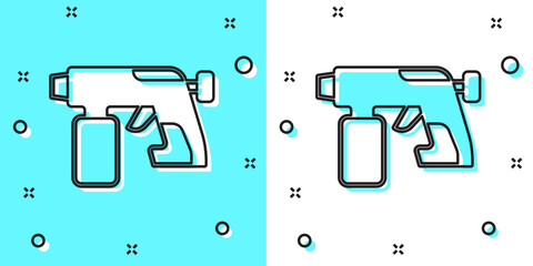 Black line Paint spray gun icon isolated on green and white background. Random dynamic shapes. Vector