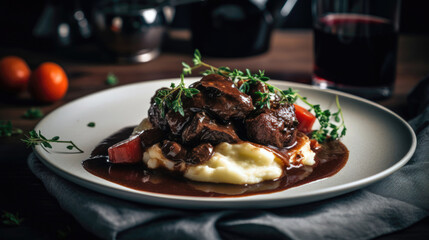 Beef bourguignon with mashed potatoes and thyme on white plate 