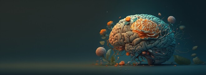 Human brain with flowers, tree, self care and mental health concept, positive thinking, creative mind, healthy slow life. Well Being, wellness mind banner template for landing page. Generative AI