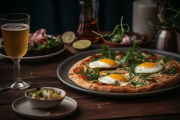 Fototapeta na wymiar Plate with pizza, eggs, and salad topped with a slice of pizza. Generative AI