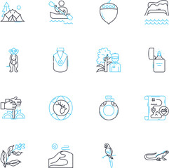 Ecosystem linear icons set. Biodiversity, Sustainability, Habitat, Species, Resilience, Interdependence, Niche line vector and concept signs. Biomass,Photosynthesis,Trophic outline illustrations