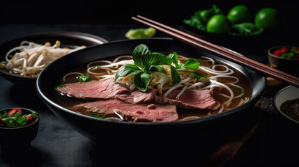 Asian style noodle soup with beef and chopsticks on dark background