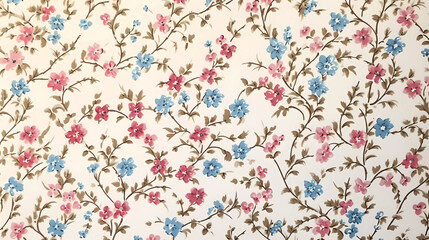 Country floral watercolor seamless wallpaper colors of red and blue. Small meadow flowers.  Botanical background.  Wallpaper for crafts, scrapbooking or art projects.  