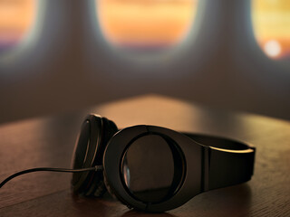 Headphones, airplane, sunset, travel, music