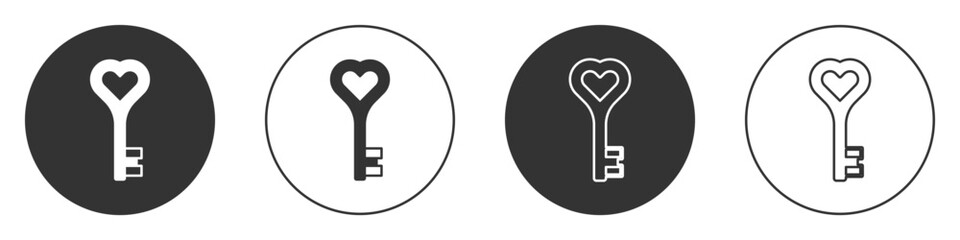 Black Key in heart shape icon isolated on white background. Happy Valentines day. Circle button. Vector