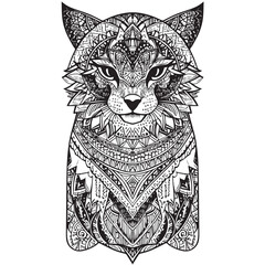 Hand drawn vector cat with ethnic doodle patterned illustration, silhouette. Black and white zentangle art for coloring book, tattoo, poster, print, t-shirt.