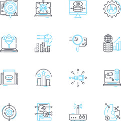 Financial forecasting linear icons set. Projections, Analytics, Prognostication, Budgeting, Analytics, Optimization, Forecasts line vector and concept signs. Market research,Analysis,Budgetary outline