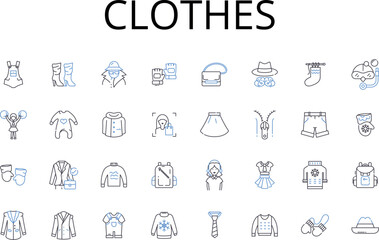 Clothes line icons collection. Attire, Garments, Apparel, Raiment, Outfit, Costume, Dressing vector and linear illustration. Wearables,Outfitting,Wardrobe outline signs set
