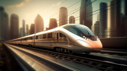 High-speed train ride with blurred cityscape in the background. created with Generative AI