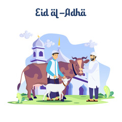 Happy Muslim family celebrates Eid Al Adha Mubarak with a goat. Flat vector template illustration