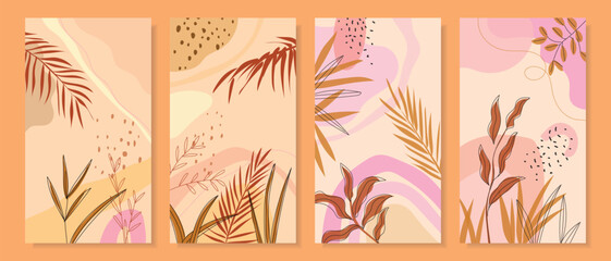 Fototapeta na wymiar Abstract tropical background with floral, plants, leaves hand drawn vector illustration set.