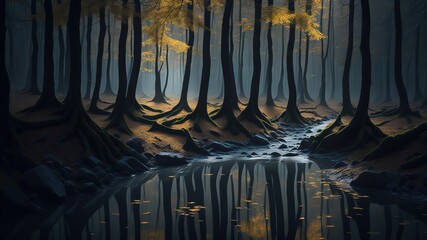 Obraz premium A dark autumn forest with a stream of water between the trees. Sunlight barely penetrates the dense trees. AI generation 