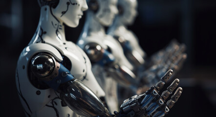 横並びに隊列を組むAIアンドロイドロボット,Generative AI