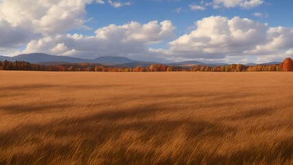 Fototapeta premium A plain covered with tall, dense grass in the fall. Blue sky with white clouds over the steppe. AI generation