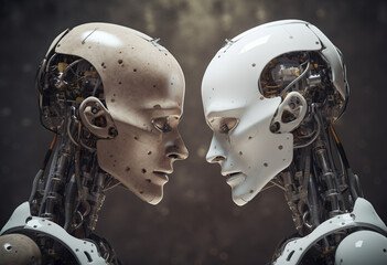 Fototapeta premium 向き合うAiコンピューターアンドロイドロボットイメージ,Generative AI