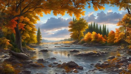 A picturesque autumn landscape with colorful trees on the bank of a mountain river. AI generation