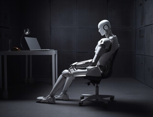椅子に座りAiチャットボットで仕事をするコンピューターアンドロイドロボット,Generative A