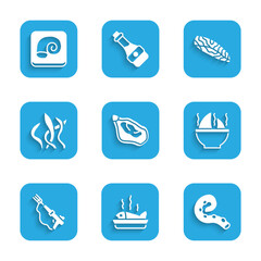 Set Mussel, Served fish on a plate, Octopus of tentacle, Shark fin soup, Fishing harpoon, Seaweed, steak and icon. Vector