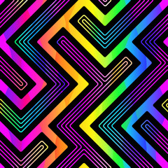 Rainbow neon maze seamless pattern