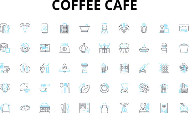 Coffee cafe linear icons set. Espresso, Latte, Cappuccino, Macchiato, Frappuccino, Americano, Mocha vector symbols and line concept signs. Flat white,Irish coffee,Decaf illustration