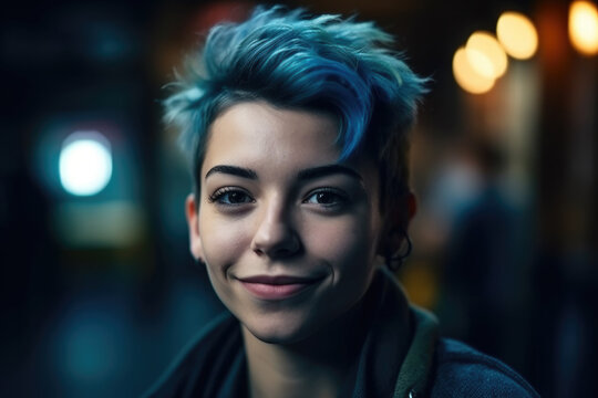 Portrait of a young woman with short dyed blue hair with a friendly look.  Composite with different elements made with generative AI