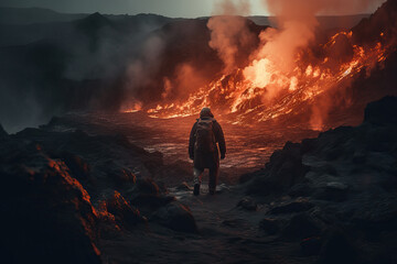 Volcanologist approaching the crater of a volcano with incandescent lava.  Composite with different elements made with generative AI - obrazy, fototapety, plakaty