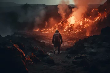 Fotobehang Volcanologist approaching the crater of a volcano with incandescent lava.  Composite with different elements made with generative AI © Jose Luis Stephens