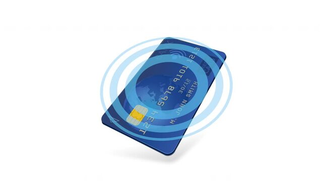 Animation loop of a blue bank card with a 3D smart card on which the wave symbol indicating contactless payment with waves emitted by the card (white background,transparency mask, alpha channel)