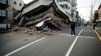 Earthquake destroyed a building in street created with Generative AI