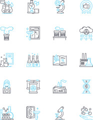 Chemical synthesis linear icons set. Reaction, Compound, Mixture, Catalyst, Solvent, Precursor, Pathway line vector and concept signs. Yield,Purification,Mechanism outline illustrations