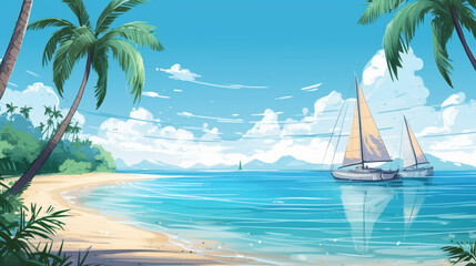 Fototapeta na wymiar Illustration of summer scene in a tropical island with palm trees. Image Generative AI.