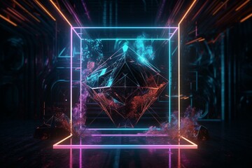 Abstract neon backdrop with crystal and laser frame. A surrealistic virtual reality wallpaper. Generative AI
