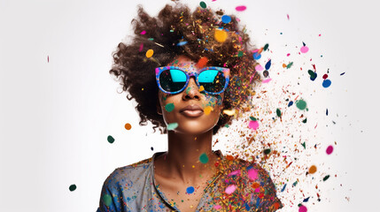 Carefree afro american girl on trendy sunglasses in a colorful confetti explosion. Image Generative AI.