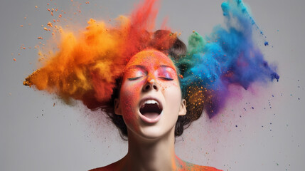 Portrait of a young woman with a colorful holy powder explosion on her head,  Image Generative AI.