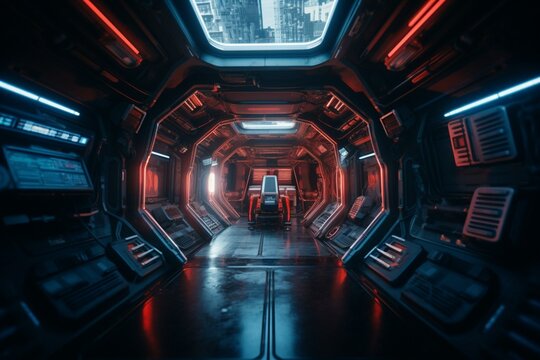 A spaceship interior in blue and red hues with Earth view from window. Generative AI