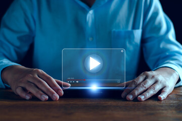 watch online streaming video. Man searching video content on internet, to watch online entertainment streaming, online learning, watch video and live concert, listen to music, shows or online lessons.