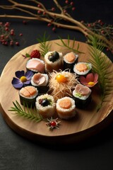 A decorated plate dish of Japanese Sushi arranged on wooden  plate, created with generative AI